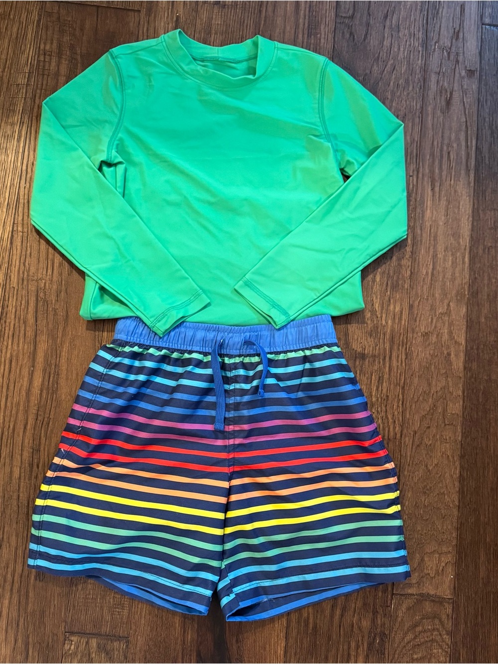 Primary Kids Long-Sleeve Rashguard with Rainbow Stripe Swim Trunks